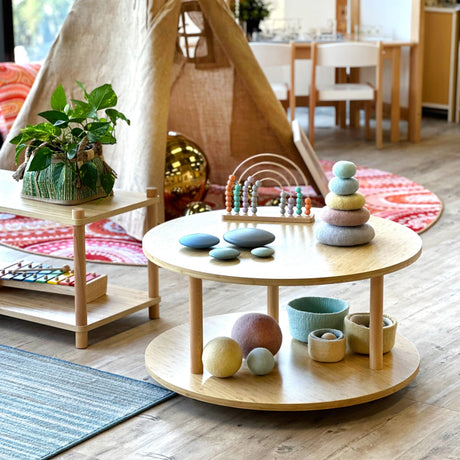 Round Open Shelf Units - Bamboo, White & Gum Leaf