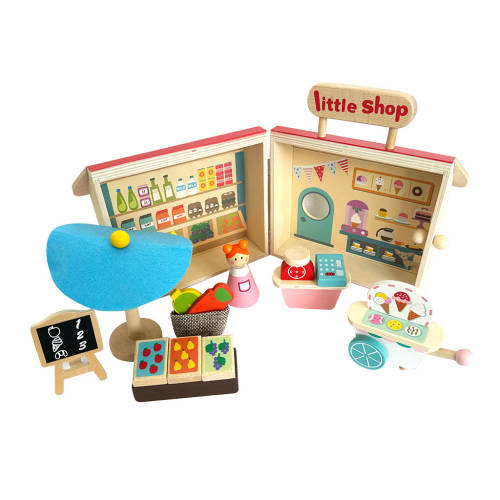 Portable Wooden Grocery Store Playset - 15pc Set - Educating Kids