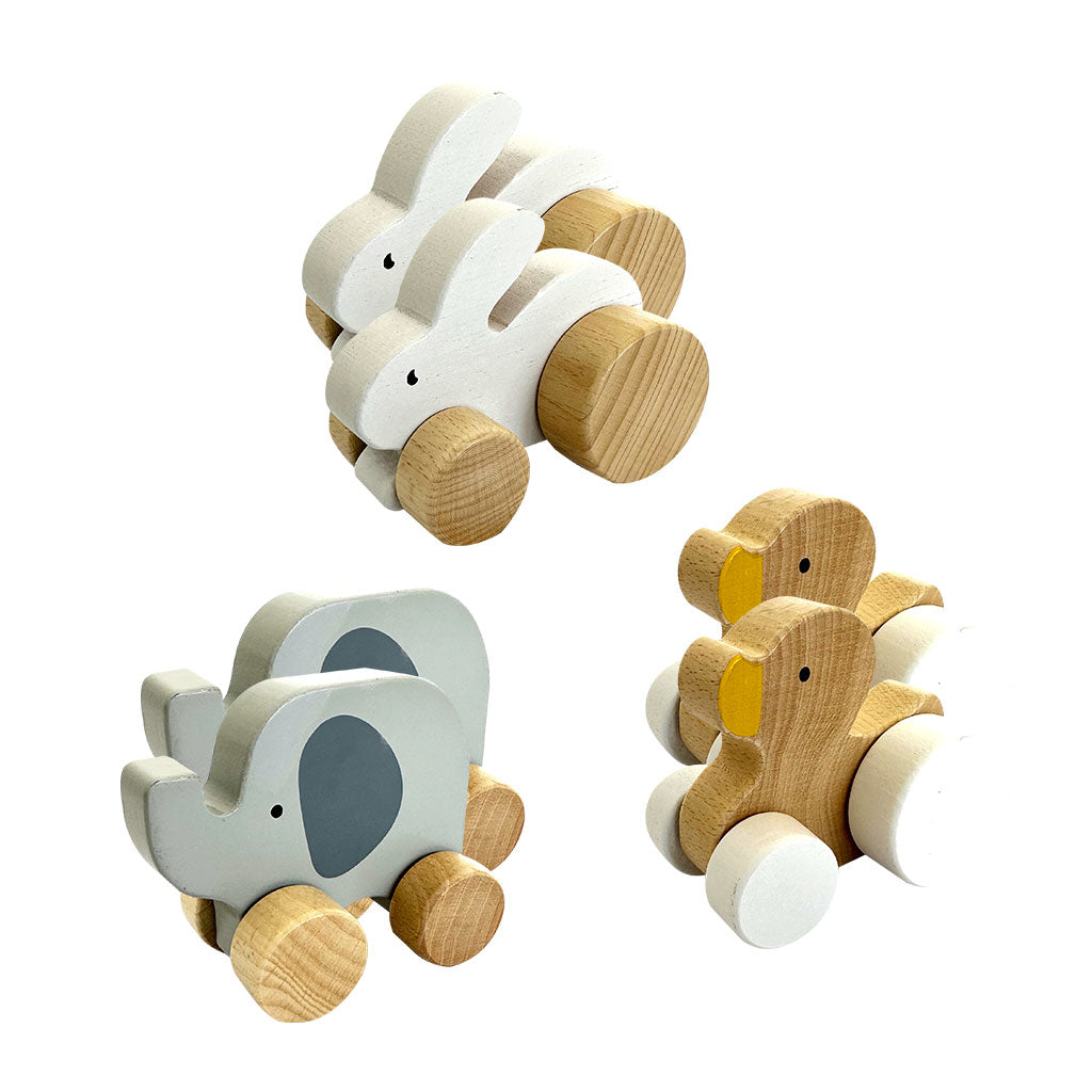 Wooden Rabbit, Elephant & Duck Car - 6pc