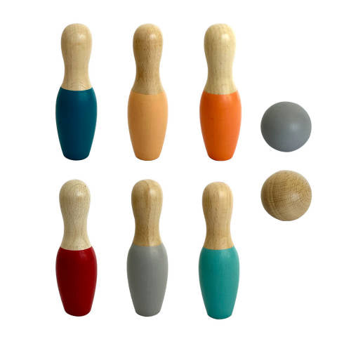 Wooden Bowling Sets - 8pc Set - Coloured Base - Educating Kids