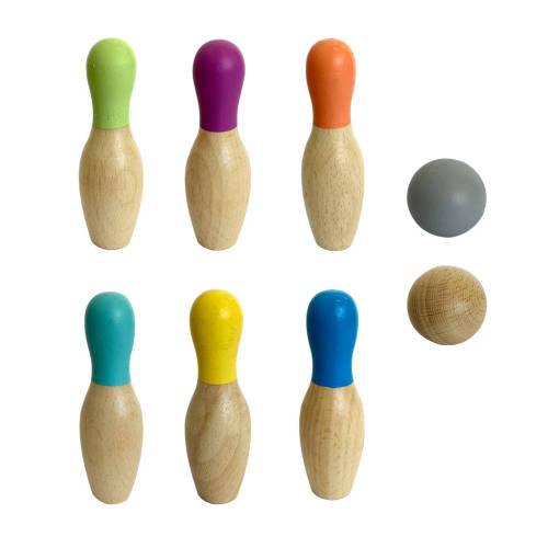 Wooden Bowling Sets - 8pc Set - Coloured Top - Educating Kids