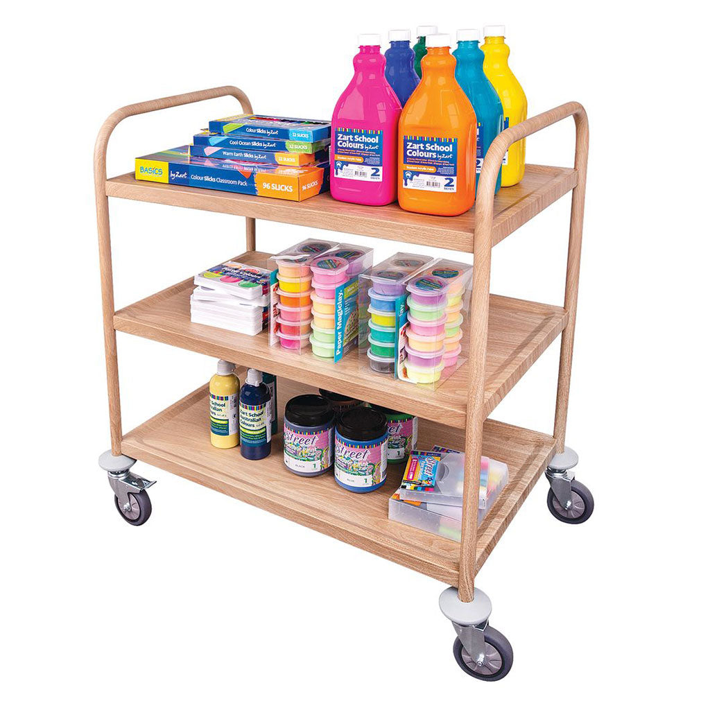 Wood Look 3 Tier Classroom Metal Trolley