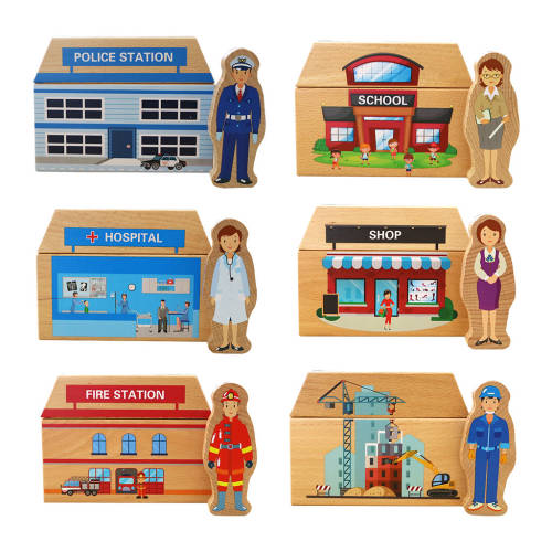 Wooden Building & People Set - 12pc - Educating Kids