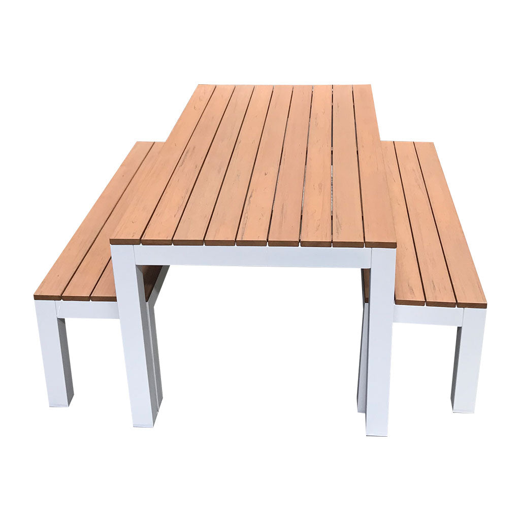 Outdoor Child Table & Bench Set - Teak-look & White