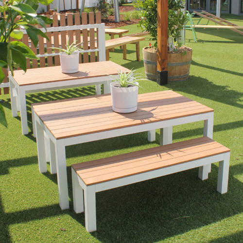 Outdoor Child Table & Bench Set - Teak-look & White - Educating Kids