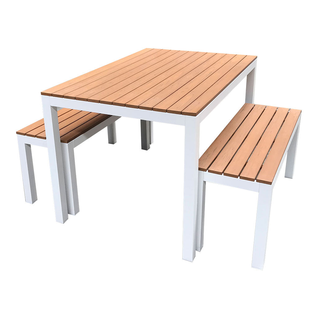 Outdoor Adult Table & Bench Set - Teak-look & White