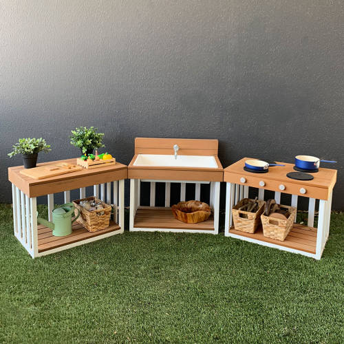 Toddler Outdoor Sink - Teak-look & White (60x40x57cm) - Educating Kids