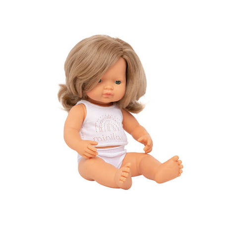 Miniland - Baby Doll - Caucasian Dark Blonde Girl 38cm - Educating Kids